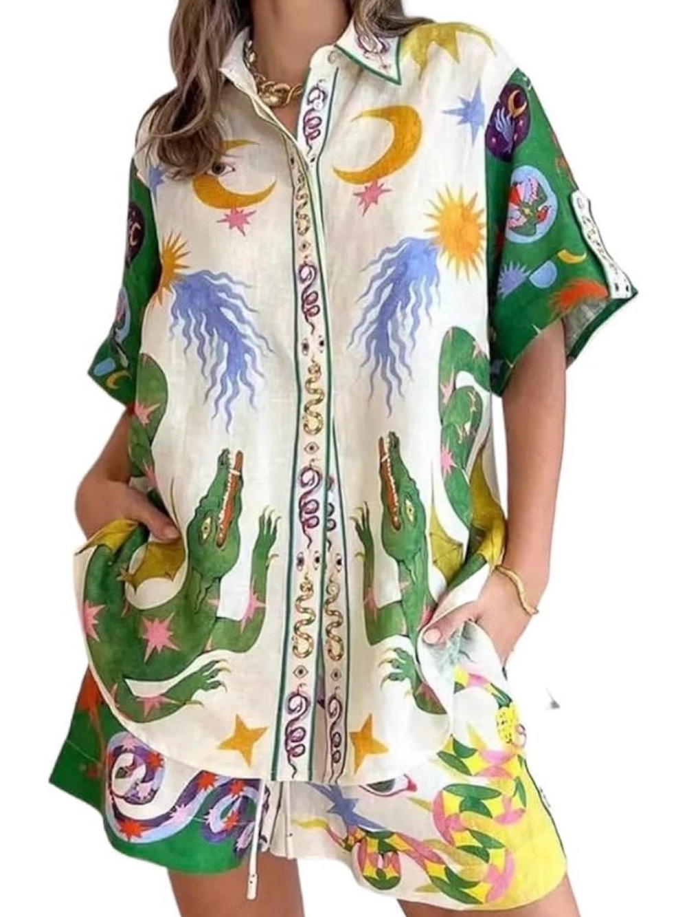 Green & White Crocodile Print Button-Up Shirt and shorts set